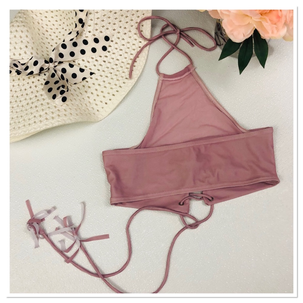 Mesh nude blush pink lace up ruched bikini set - Picture 4 of 7